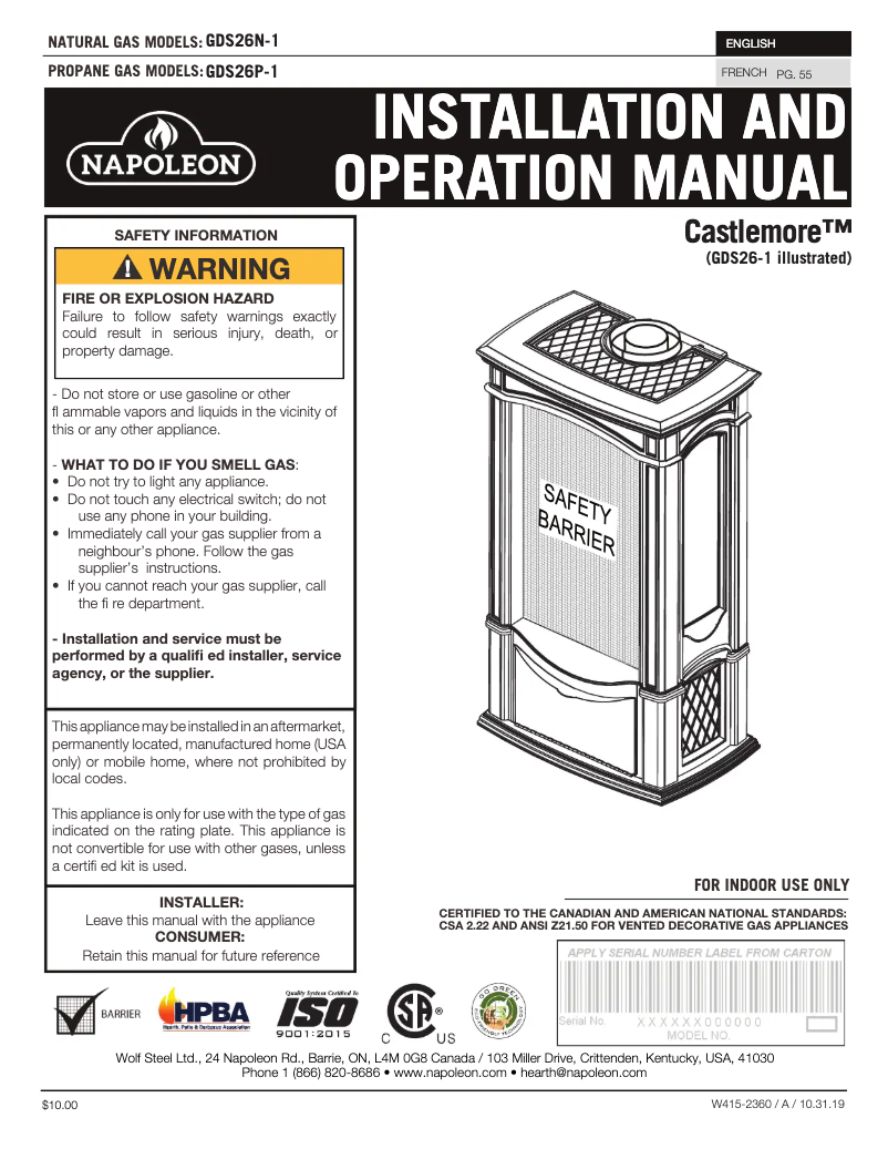 Page n°1 - Manuel utilisateur Napoleon Castlemore GDS26