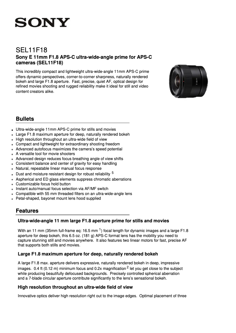 Page n°1 - Fiche technique Sony E 11mm SEL11F18