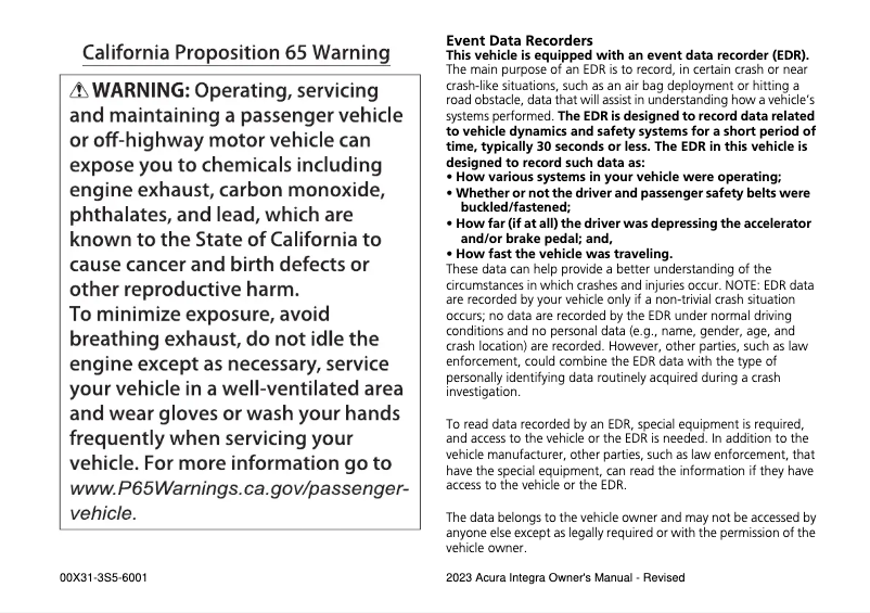 Page 1 de la notice Manuel utilisateur Acura Integra (2023)