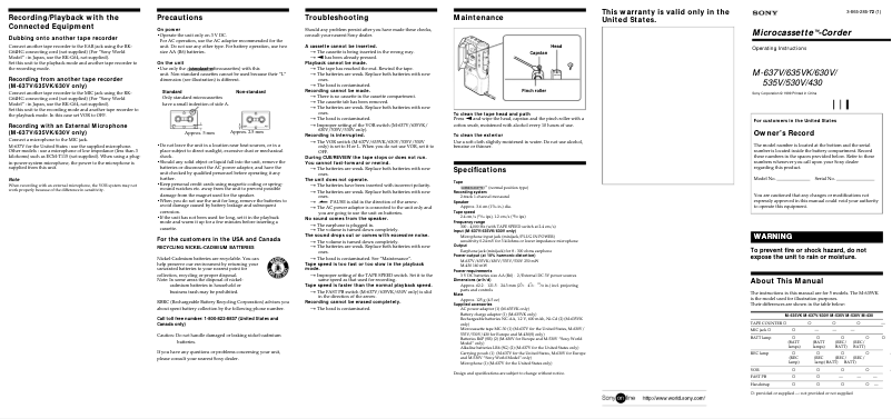 Page 1 de la notice Manuel utilisateur Sony M-637V