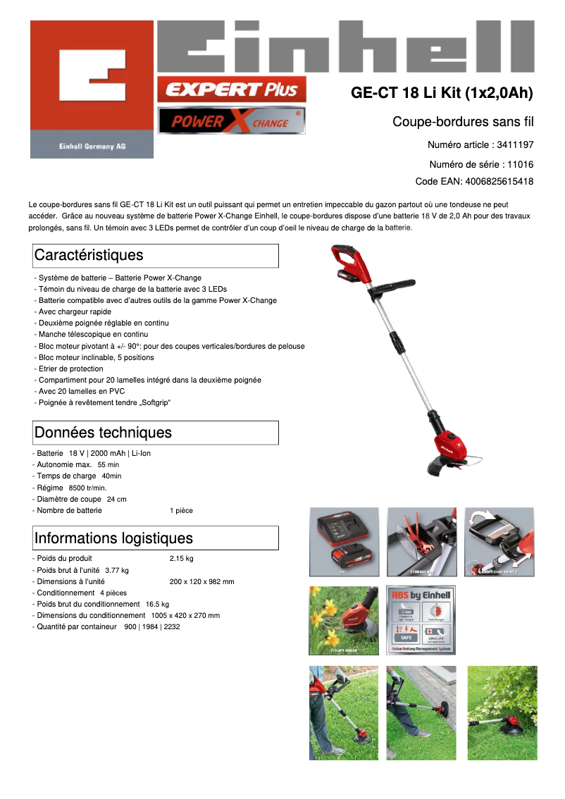 Page n°1 - Fiche technique Einhell GE-CT 18 Li