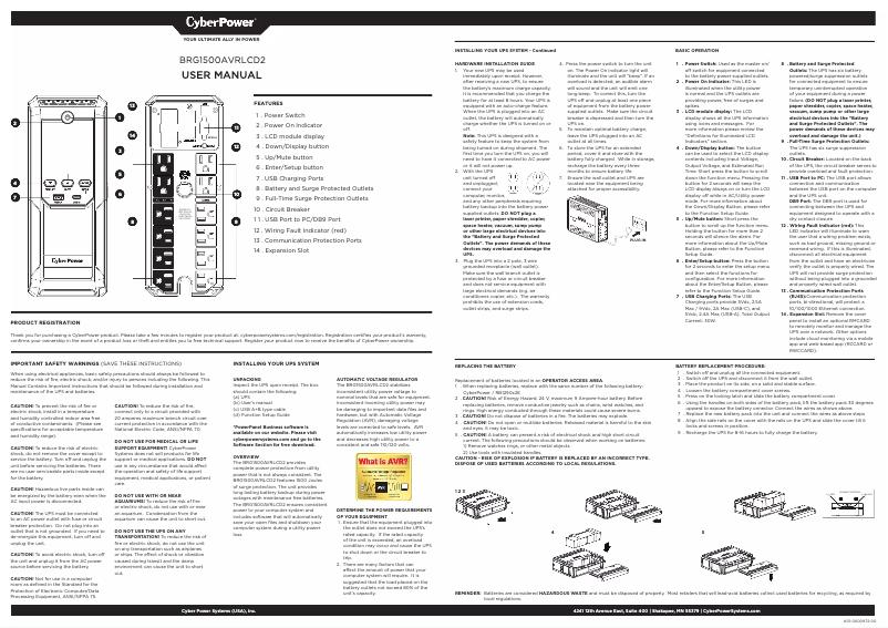 Page 1 de la notice Manuel utilisateur CyberPower BRG1500AVRLCD2