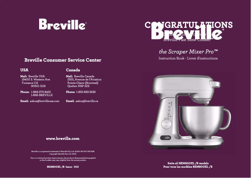 Page 1 de la notice Manuel utilisateur Breville BEM800CBXL