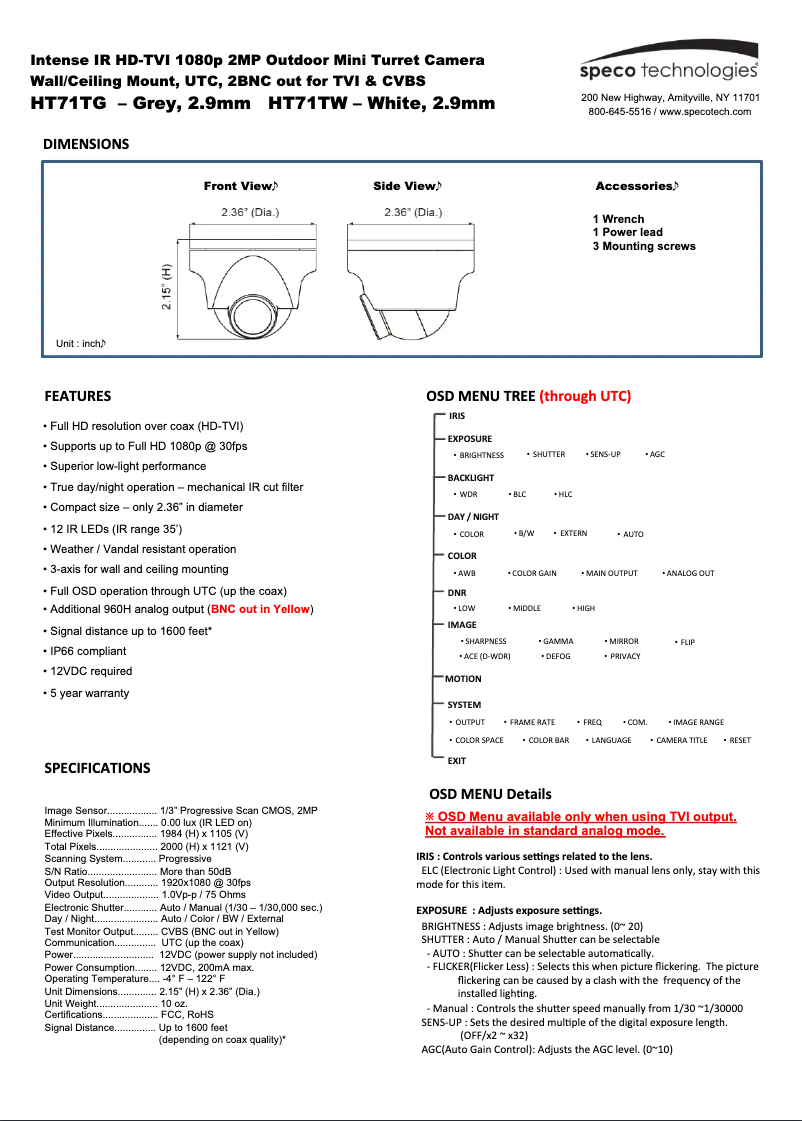 Page 1 de la notice Manuel utilisateur Speco Technologies HT71TW