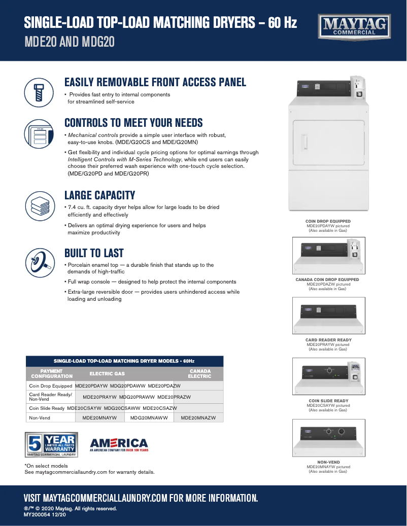 Page 1 de la notice Fiche technique Maytag MDG20CSAWW