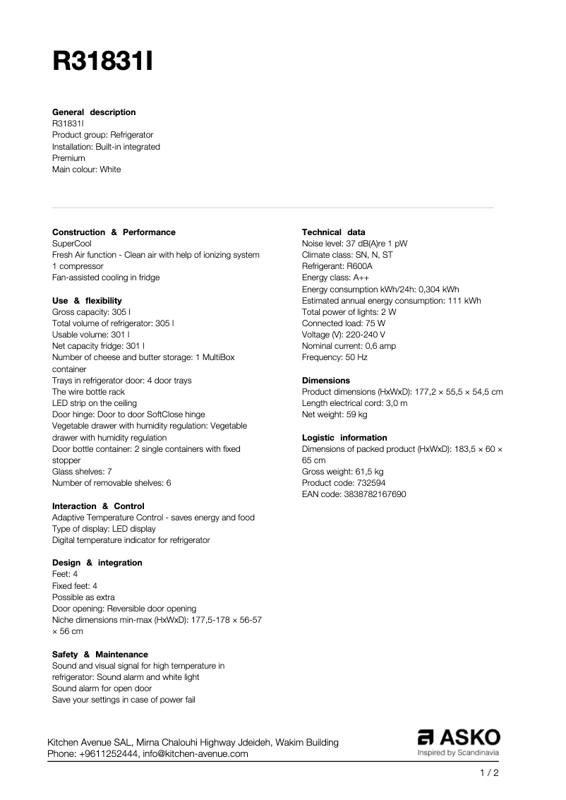Page 1 de la notice Fiche technique Asko R31831I