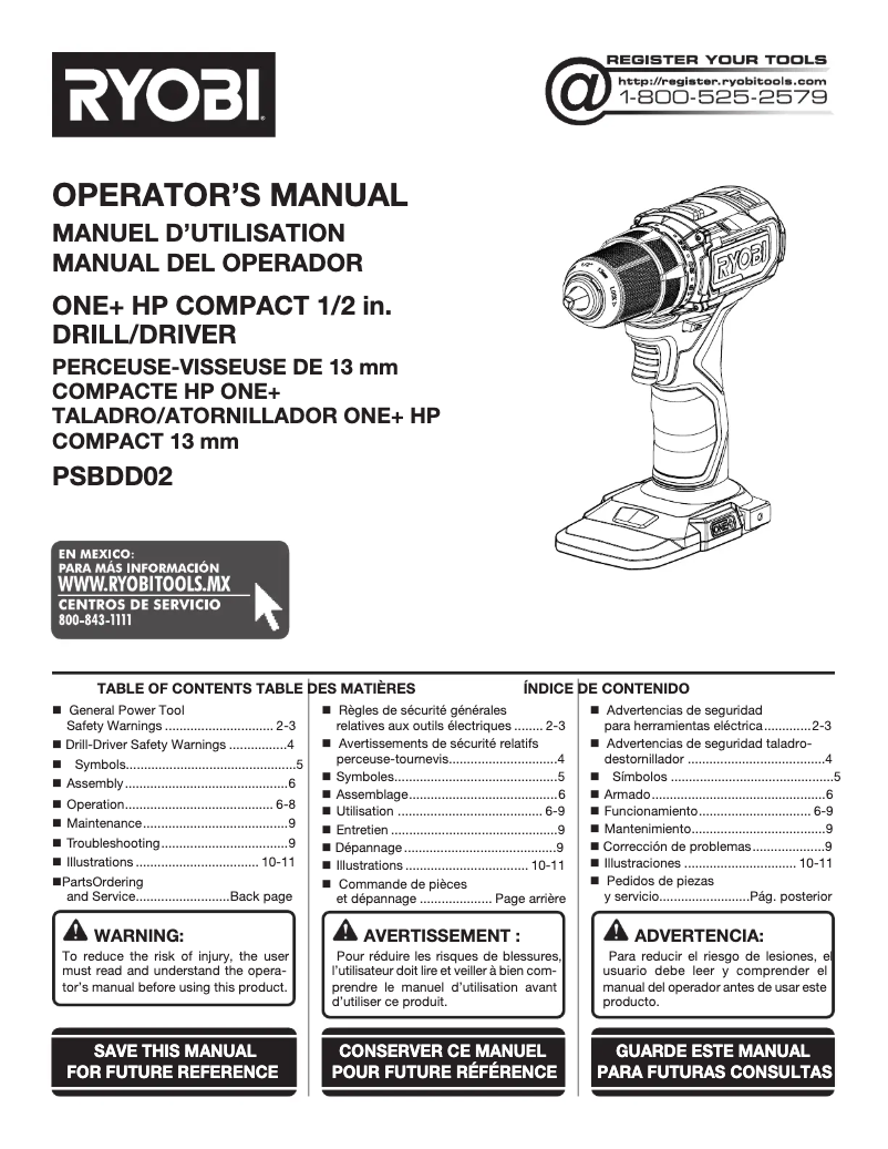 Page n°1 - Manuel utilisateur RYOBI One+ PSBDD02