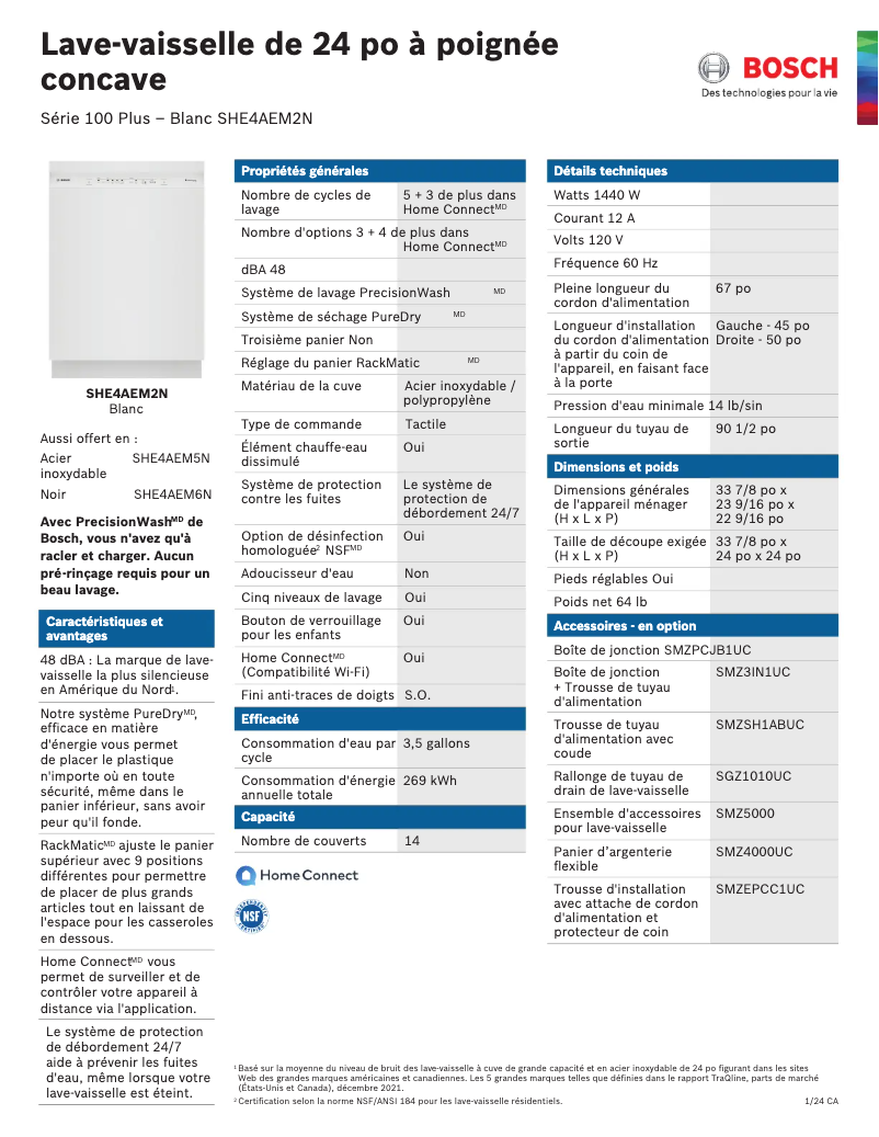 Page 1 de la notice Fiche technique Bosch SHE4AEM2N
