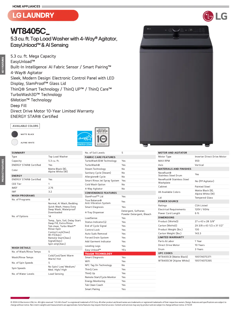 Page 1 de la notice Fiche technique LG WT8405CW