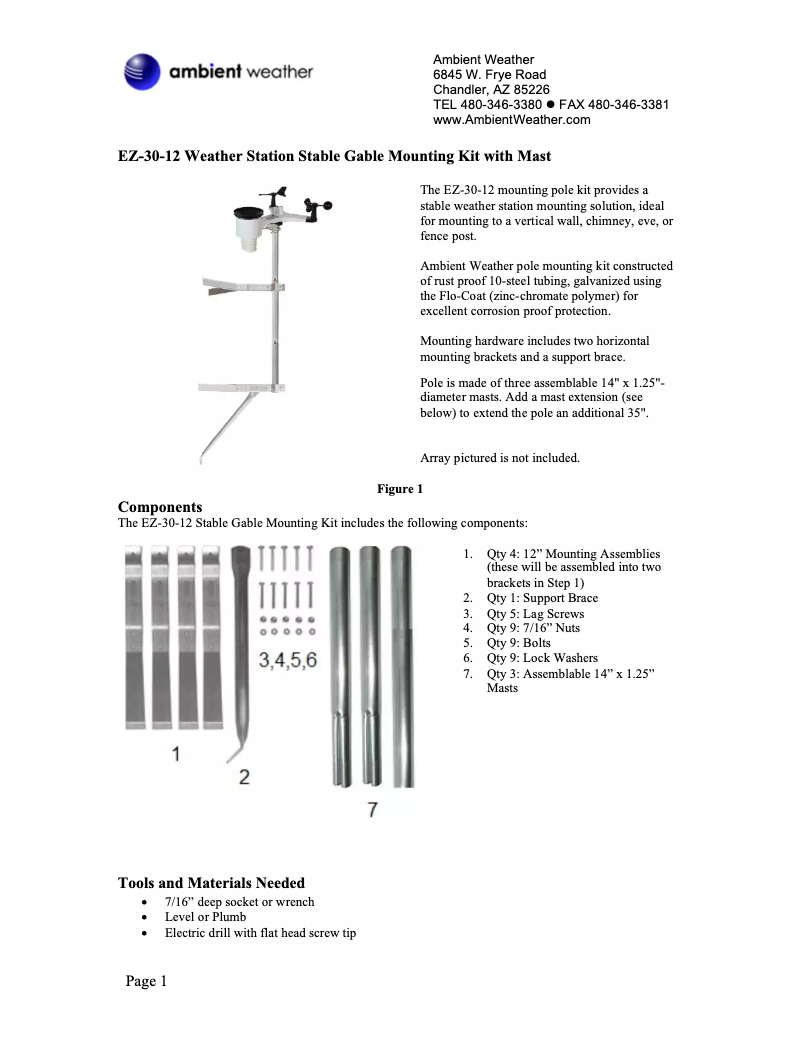Page 1 de la notice Manuel utilisateur Ambient Weather EZ-30-12