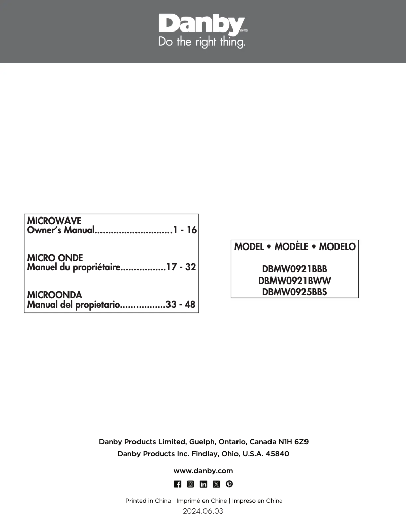 Page 1 de la notice Manuel utilisateur Danby DBMW0921BBB