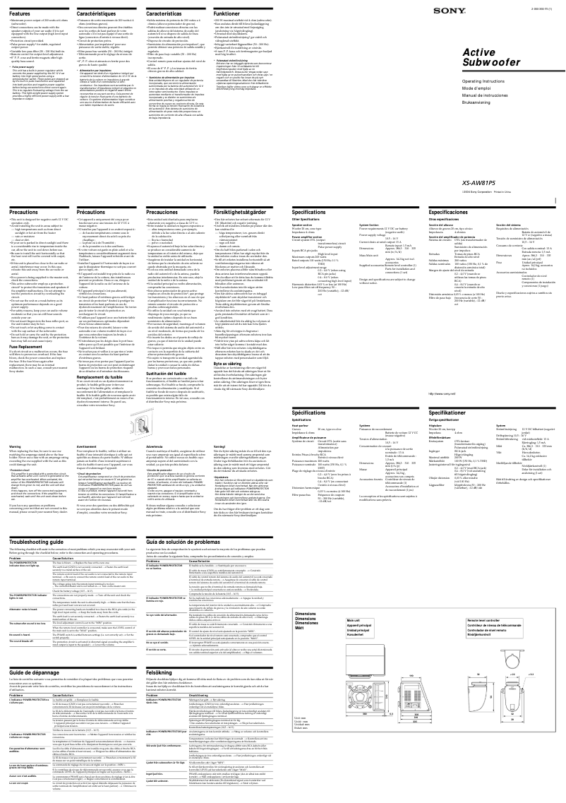Page 1 de la notice Manuel utilisateur Sony XS-AW81P5