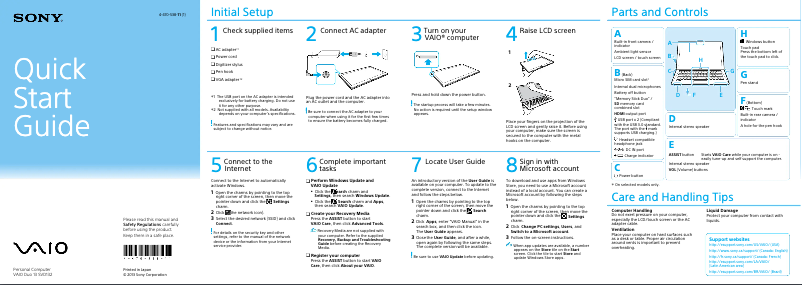 Page 1 de la notice Guide d'installation Sony Vaio Duo 13 SVD13217PSB