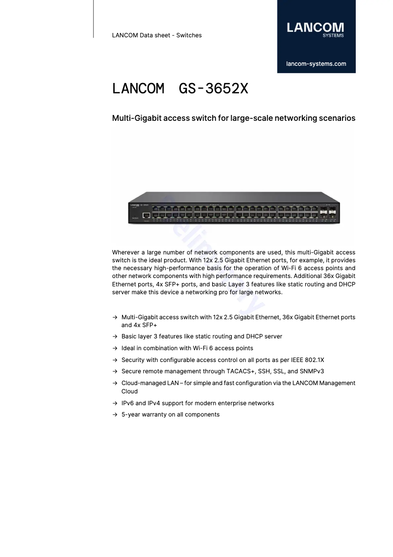 Page n°1 - Fiche technique Lancom GS-3652X