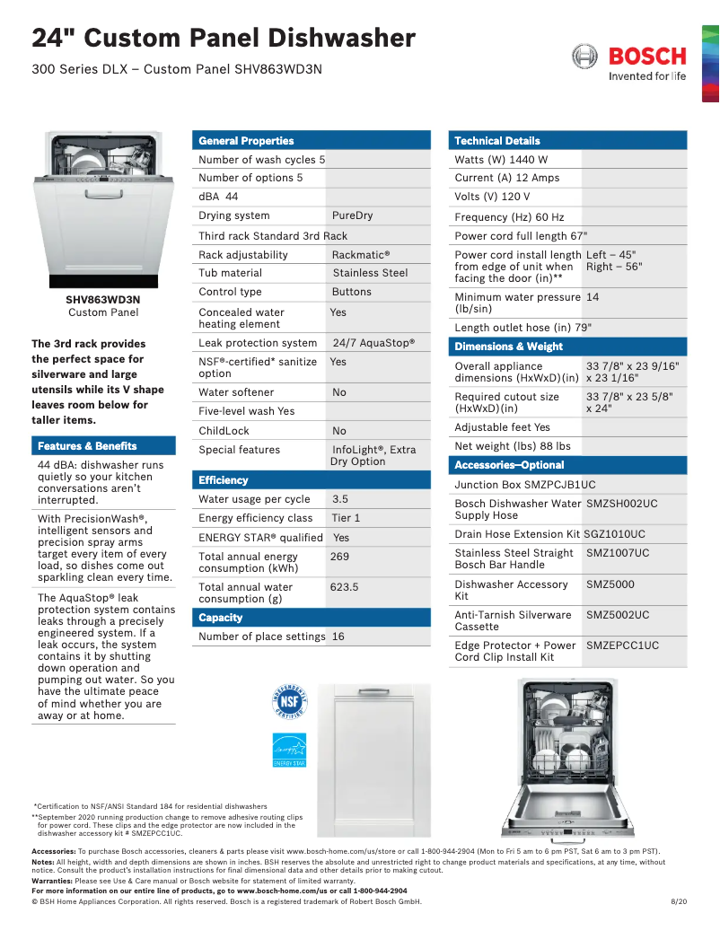 Página 1 del manual Ficha técnica Bosch SHV863WD3N
