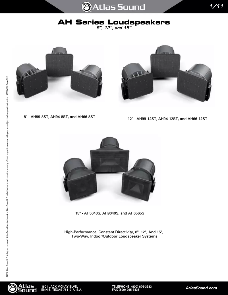 Page 1 de la notice Manuel utilisateur Atlas Sound AH94-8ST