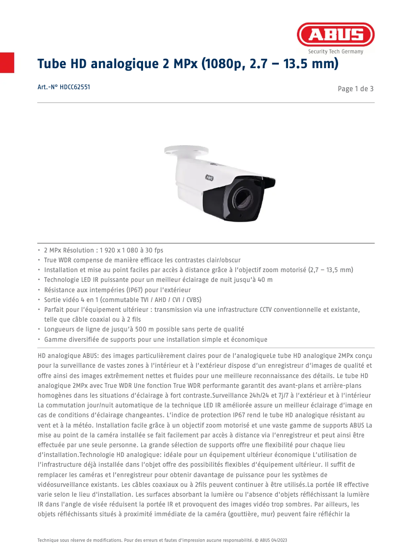 Página 1 del manual Ficha técnica Abus HDCC62551