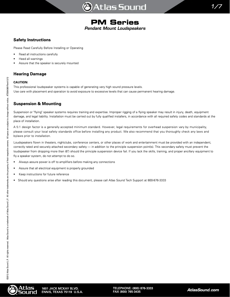 Page 1 de la notice Guide d'installation Atlas Sound PM4FA-B