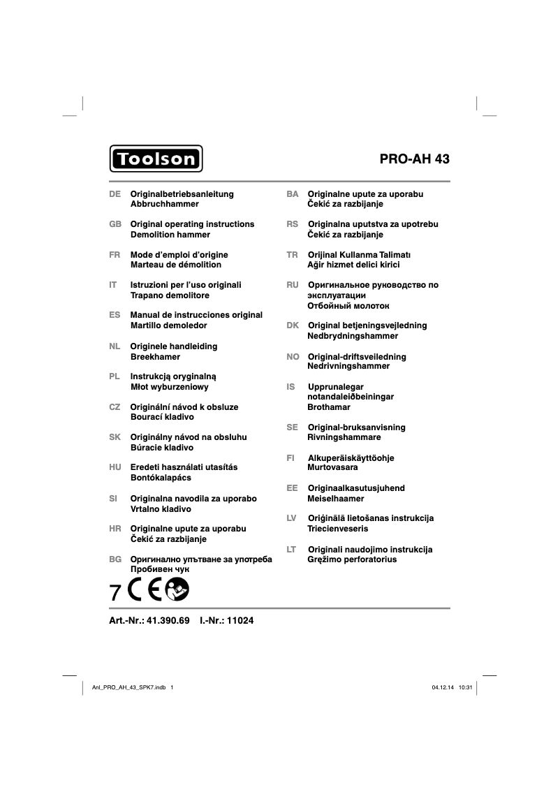Page 1 de la notice Manuel utilisateur Toolson PRO-AH 43