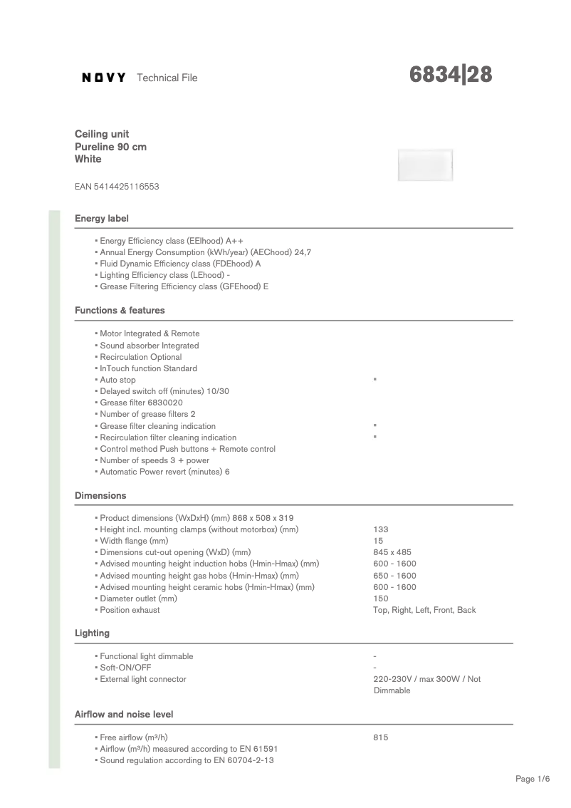 Page 1 de la notice Fiche technique Novy Pureline 6834