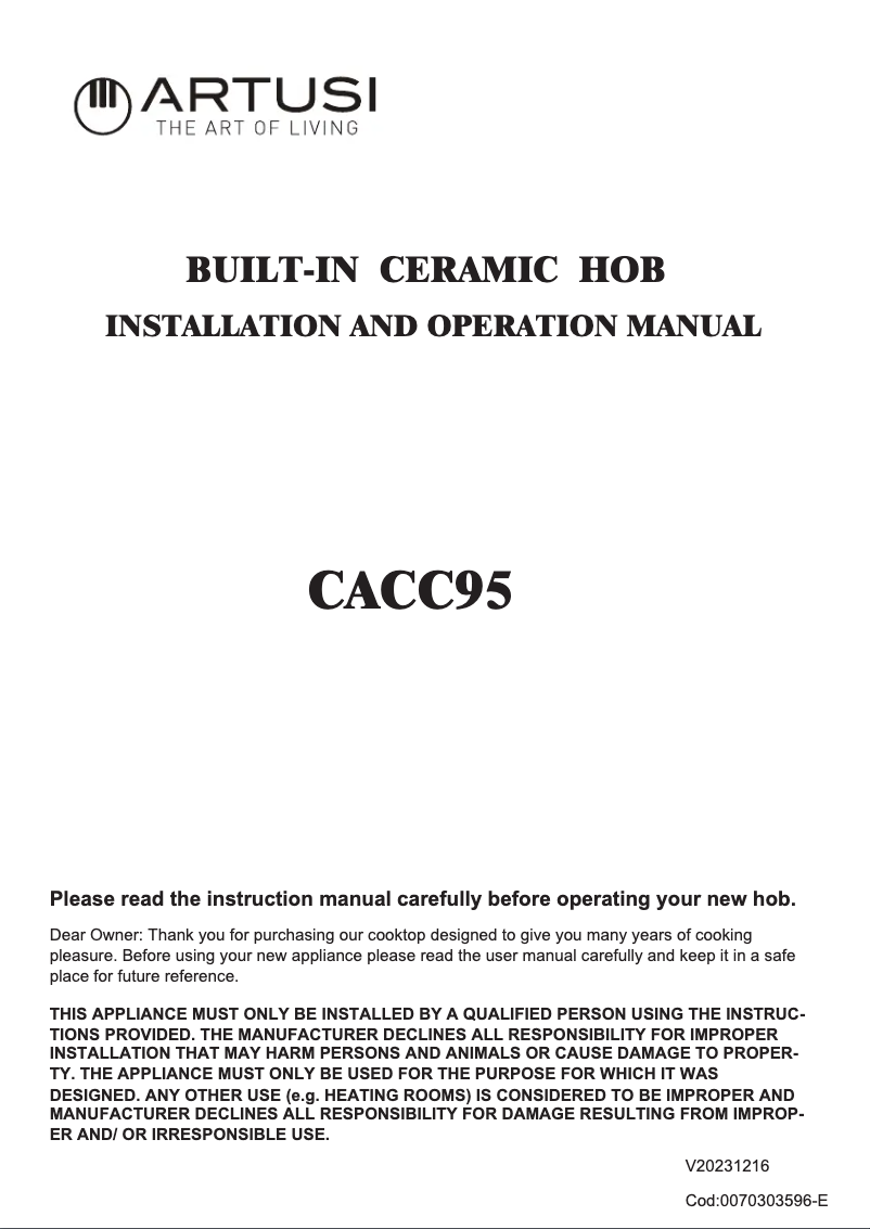 Page 1 of the manual User Manual Artusi CACC95