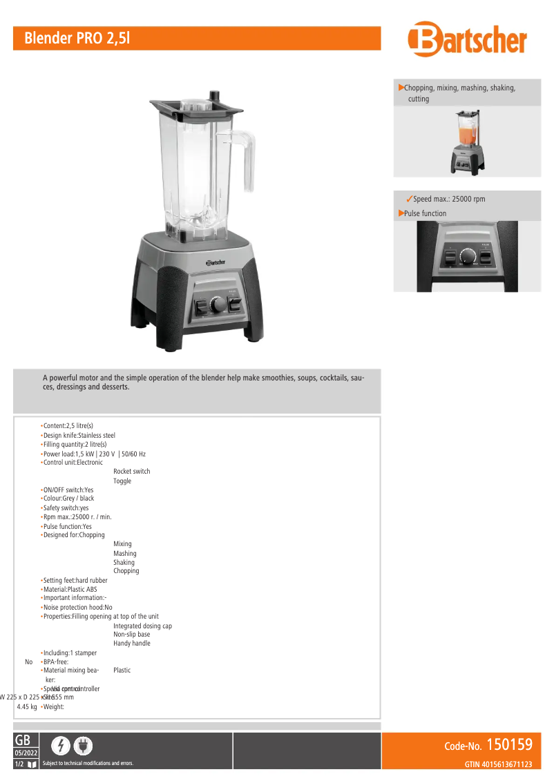 Page 1 de la notice Fiche technique Bartscher 150159