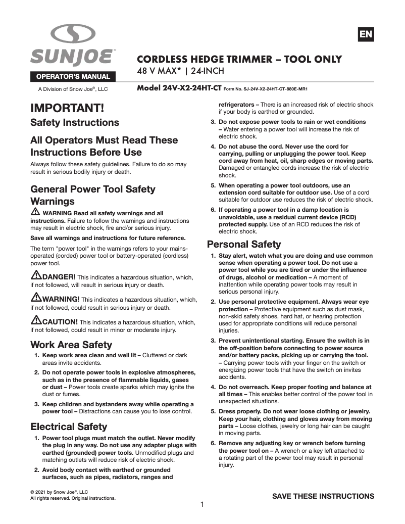 Page 1 de la notice Manuel utilisateur Sun Joe 24V-X2-24HT-CT