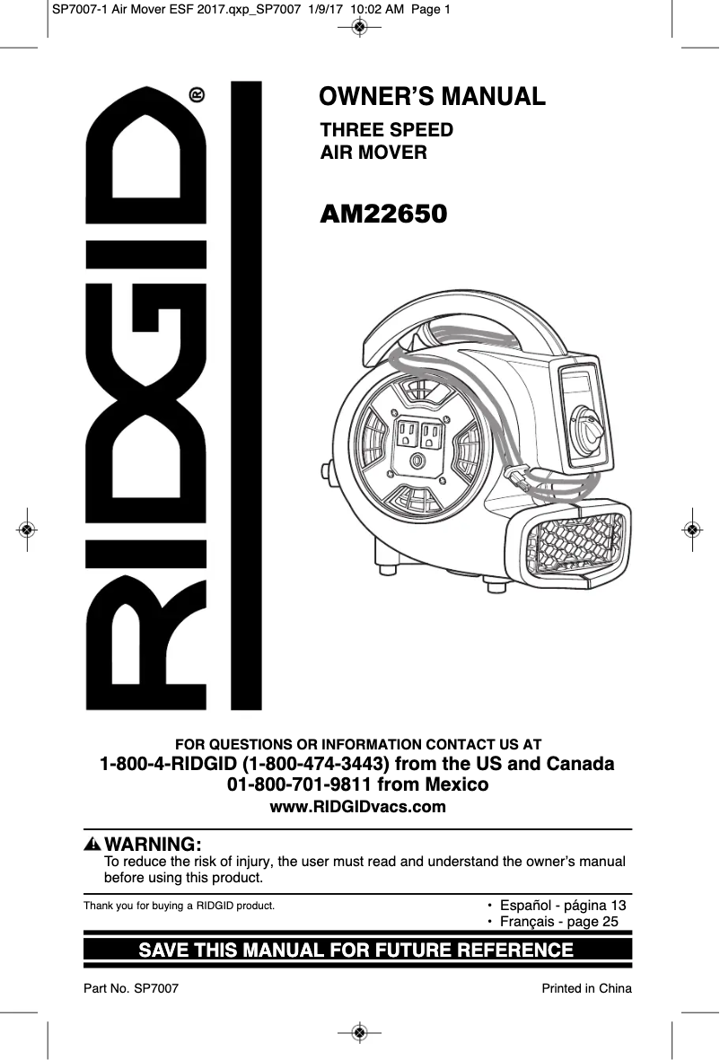 Page n°1 - Manuel utilisateur Ridgid AM22650
