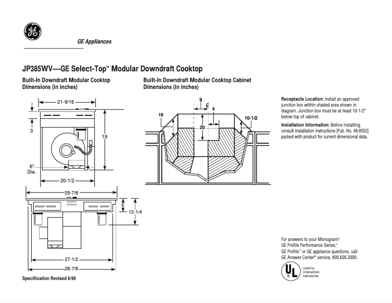 Page n°1 - Fiche technique GE 30" Select-Top JP385WVWW