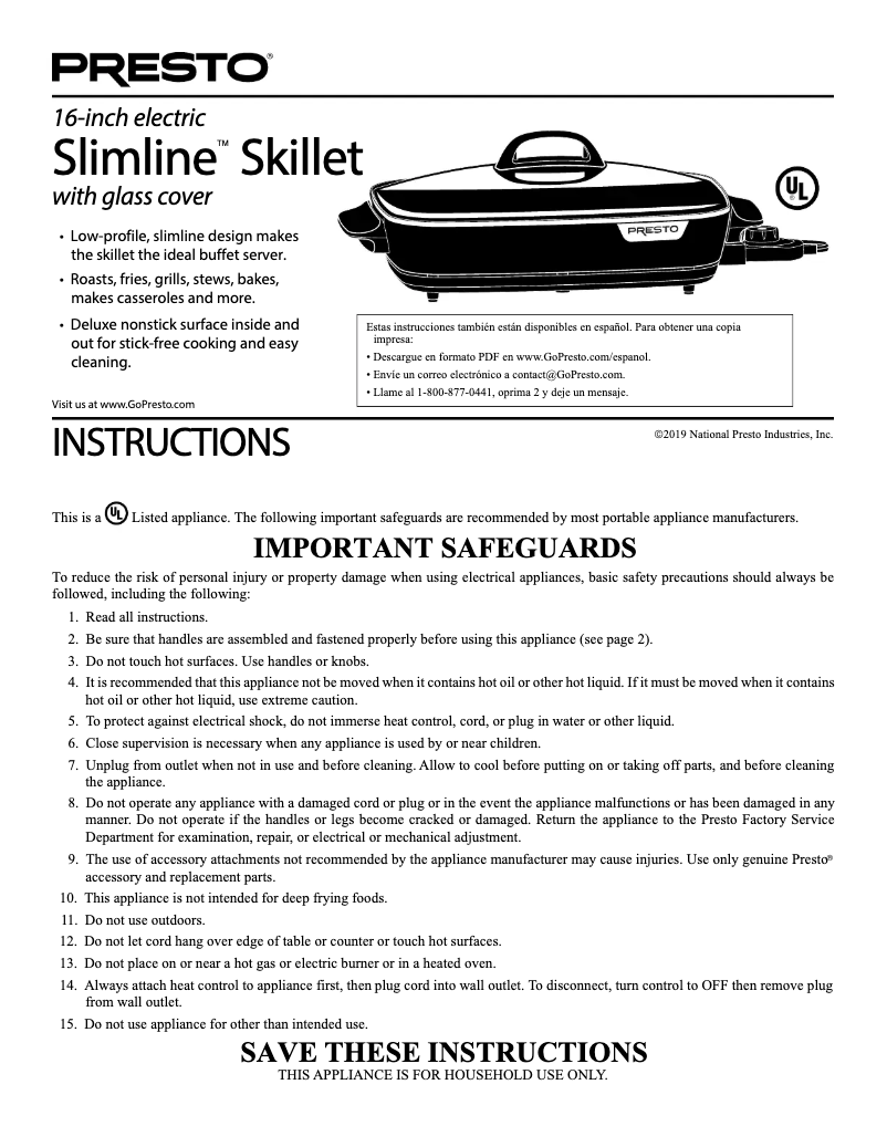 Page 1 de la notice Manuel utilisateur Presto 16-inch electric Slimline 06858