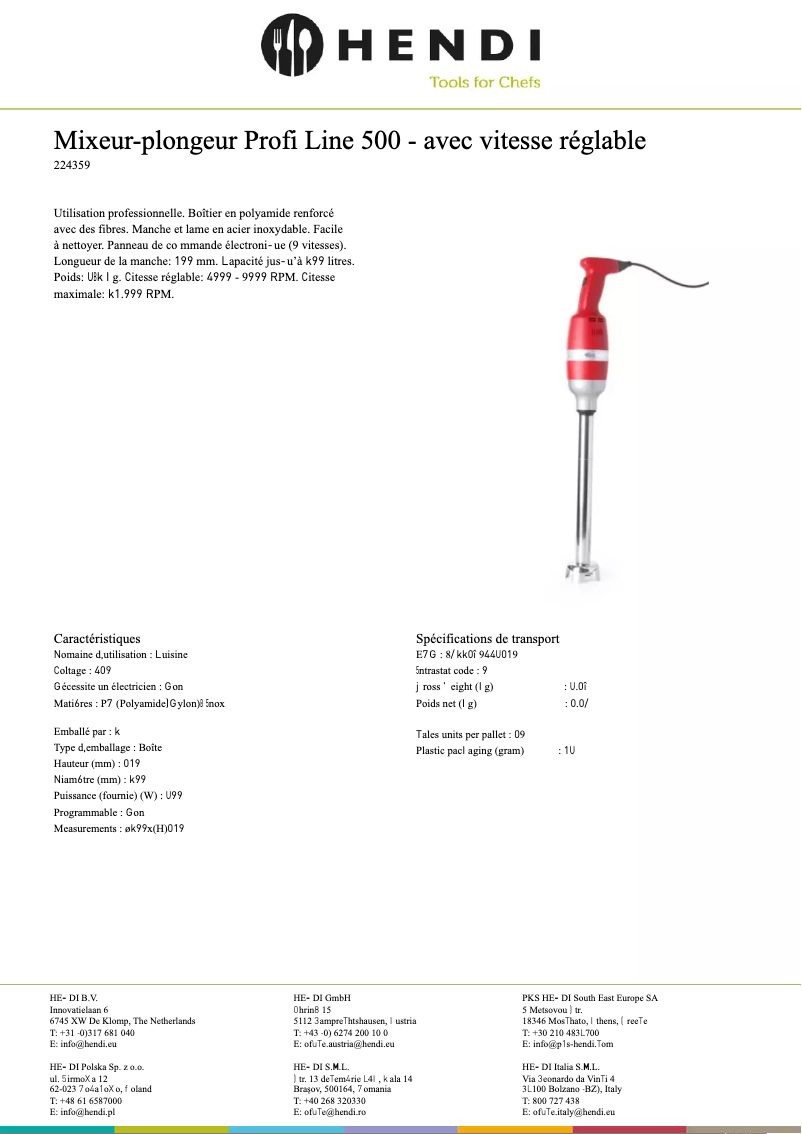 Page 1 de la notice Fiche technique Hendi 224359