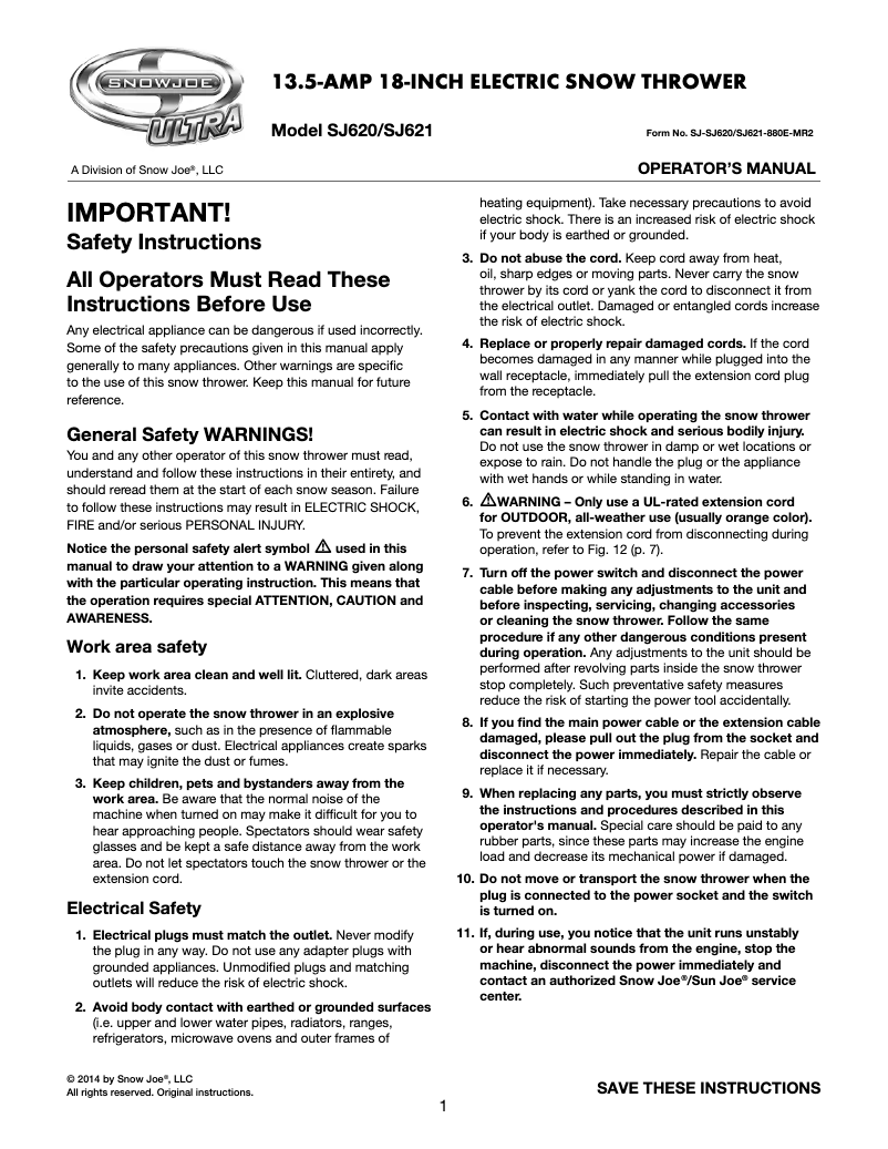 Page n°1 - Manuel utilisateur Snow Joe Ultra 18-Inch 13.5-Amp