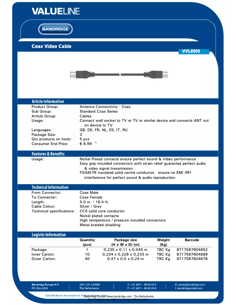 Image de la première page du manuel de l'appareil Coax Video Cable, 5.0m