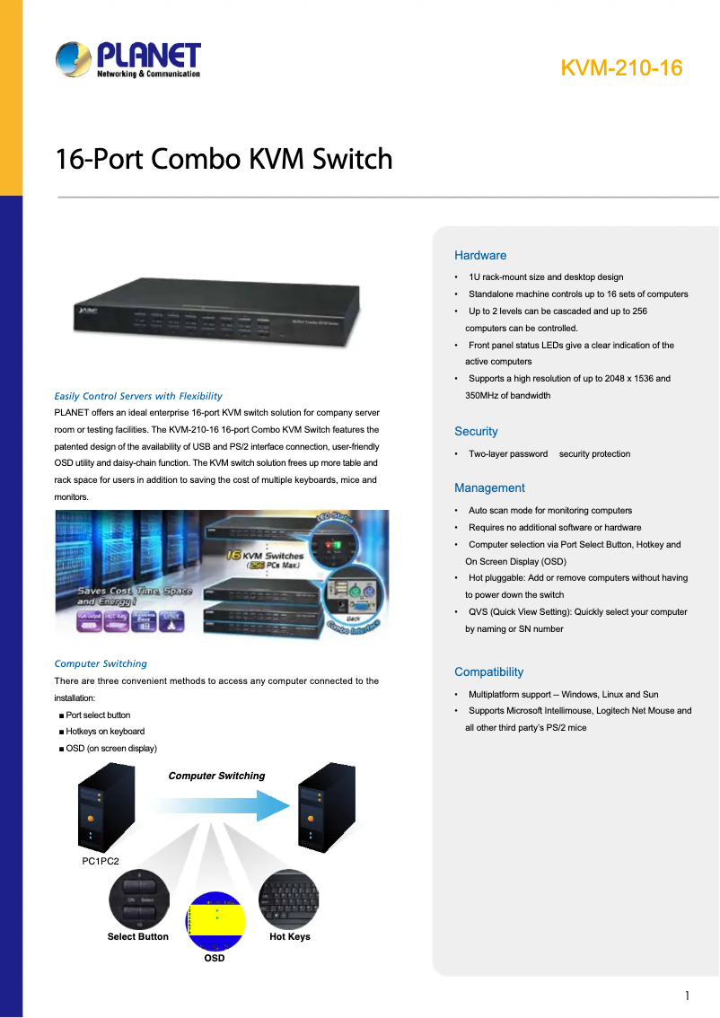 Page 1 de la notice Fiche technique Planet KVM-210-16