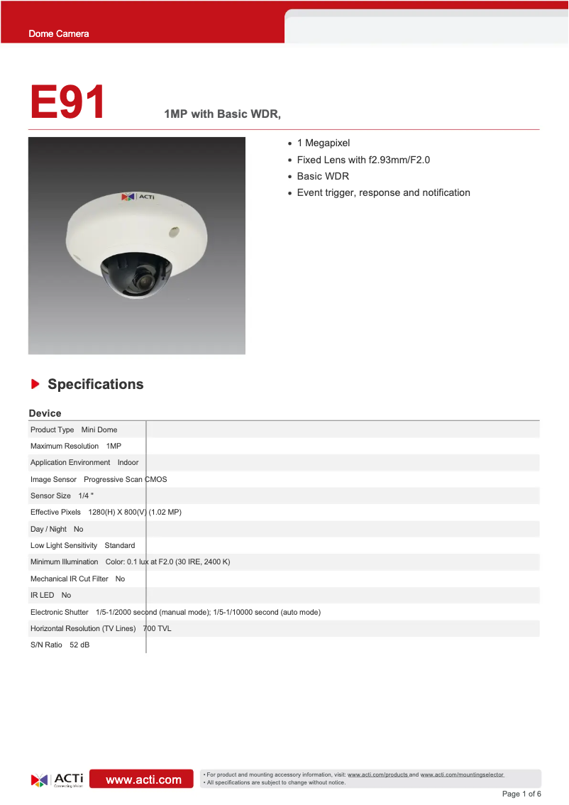 Page 1 de la notice Fiche technique ACTi E91