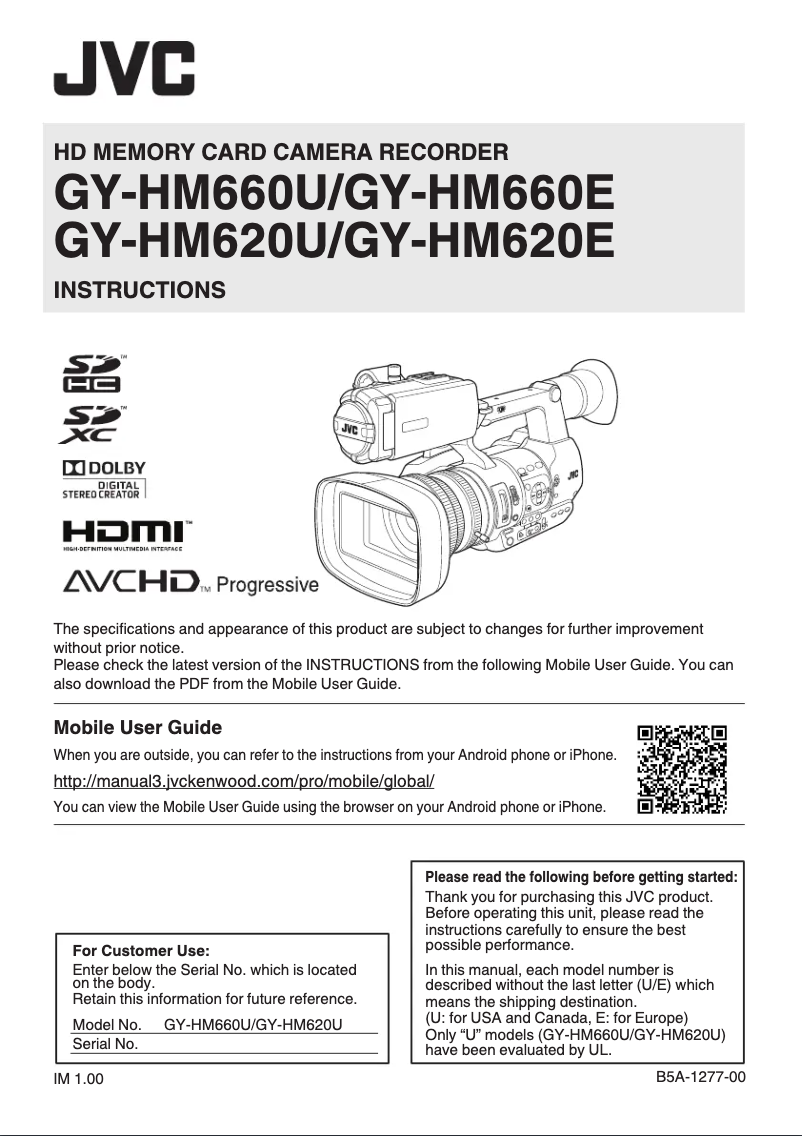 Image de la première page du manuel de l'appareil GY-HM620E