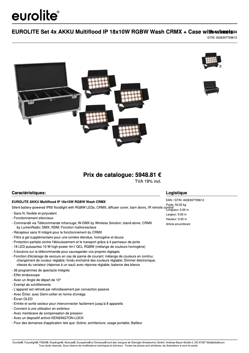 Page 1 de la notice Fiche technique Eurolite Multiflood IP 18x10W RGBW