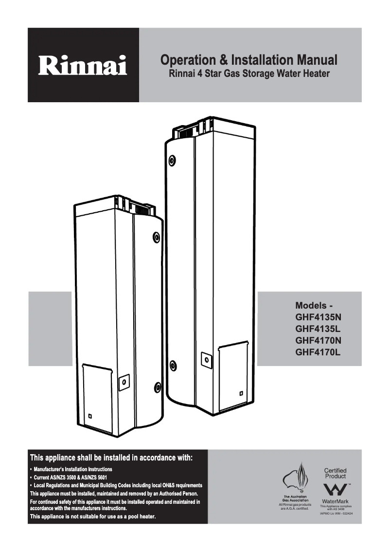 Page 1 de la notice Manuel utilisateur Rinnai GHF4135L