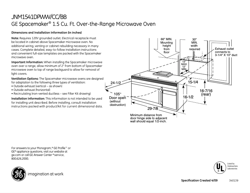 Page 1 of the manual Technical Sheet GE Spacemaker JNM1541DPWW