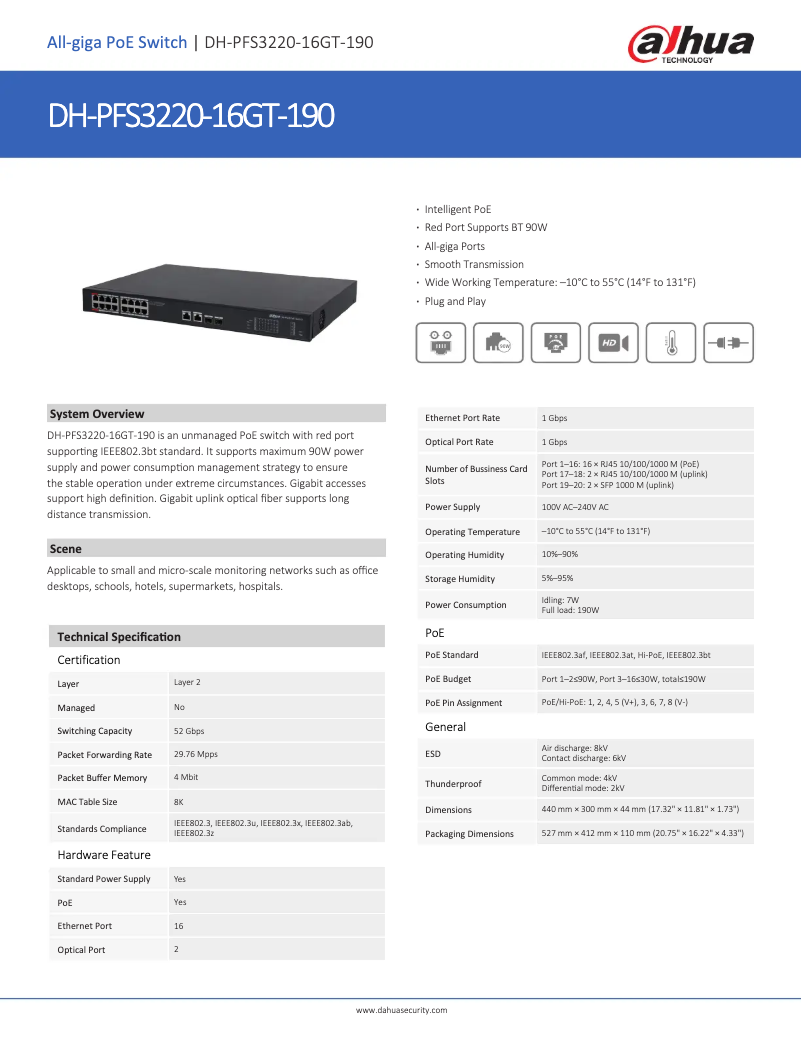 Page 1 de la notice Fiche technique Dahua Technology PFS3220-16GT-190