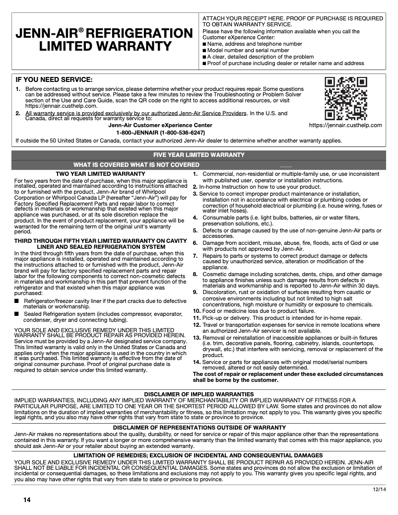 Page 1 de la notice Informations de garantie JennAir JUW24FRECX
