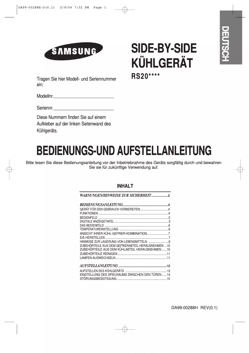Page n°1 - Manuel utilisateur Samsung RS20CCSL