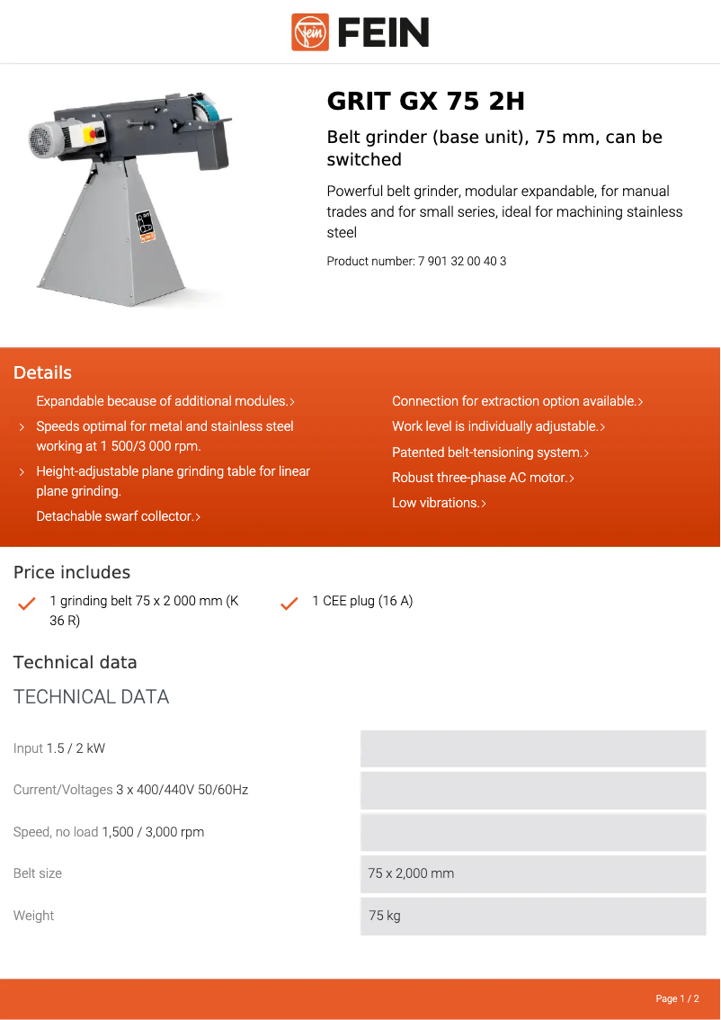 Página 1 del manual Ficha técnica Fein GRIT GX 75 2H