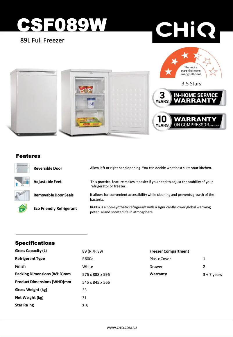 Page 1 de la notice Fiche technique CHiQ CSF089W