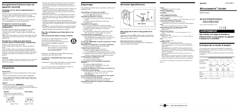 Page 1 de la notice Manuel utilisateur Sony M-630V