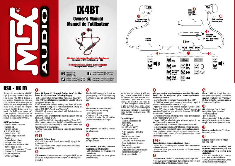 Page n°1 - Manuel utilisateur MTX Audio iX4BT