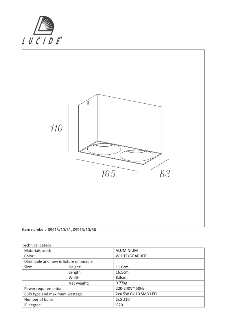 Page n°1 - Manuel utilisateur Lucide Bentoo 09913/10/31