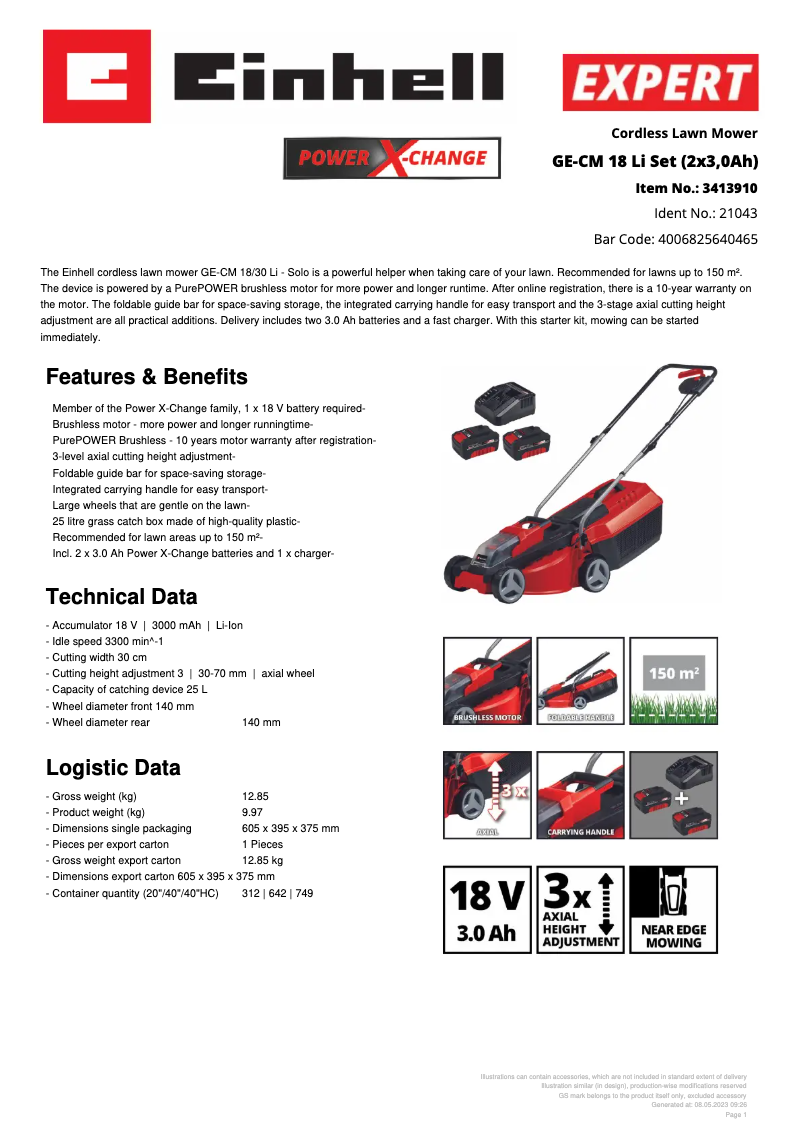 Page 1 de la notice Fiche technique Einhell GE-CM 18 Li Set