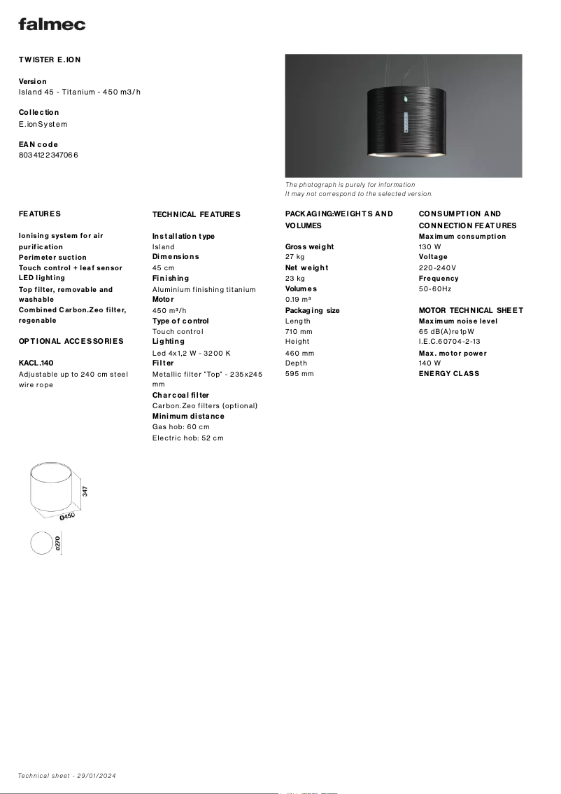 Page 1 de la notice Fiche technique Falmec Twister E.Ion