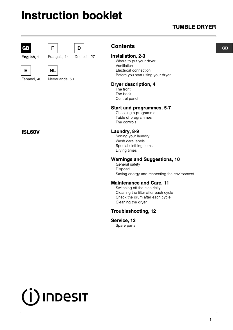 Page 1 de la notice Manuel utilisateur Indesit ISL 60 V (EX)